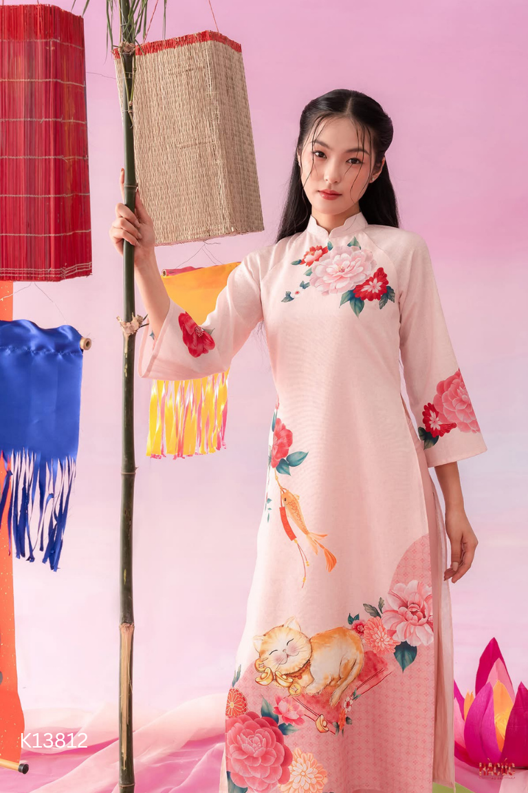 Set áo dài hồng họa tiết + quần lụa