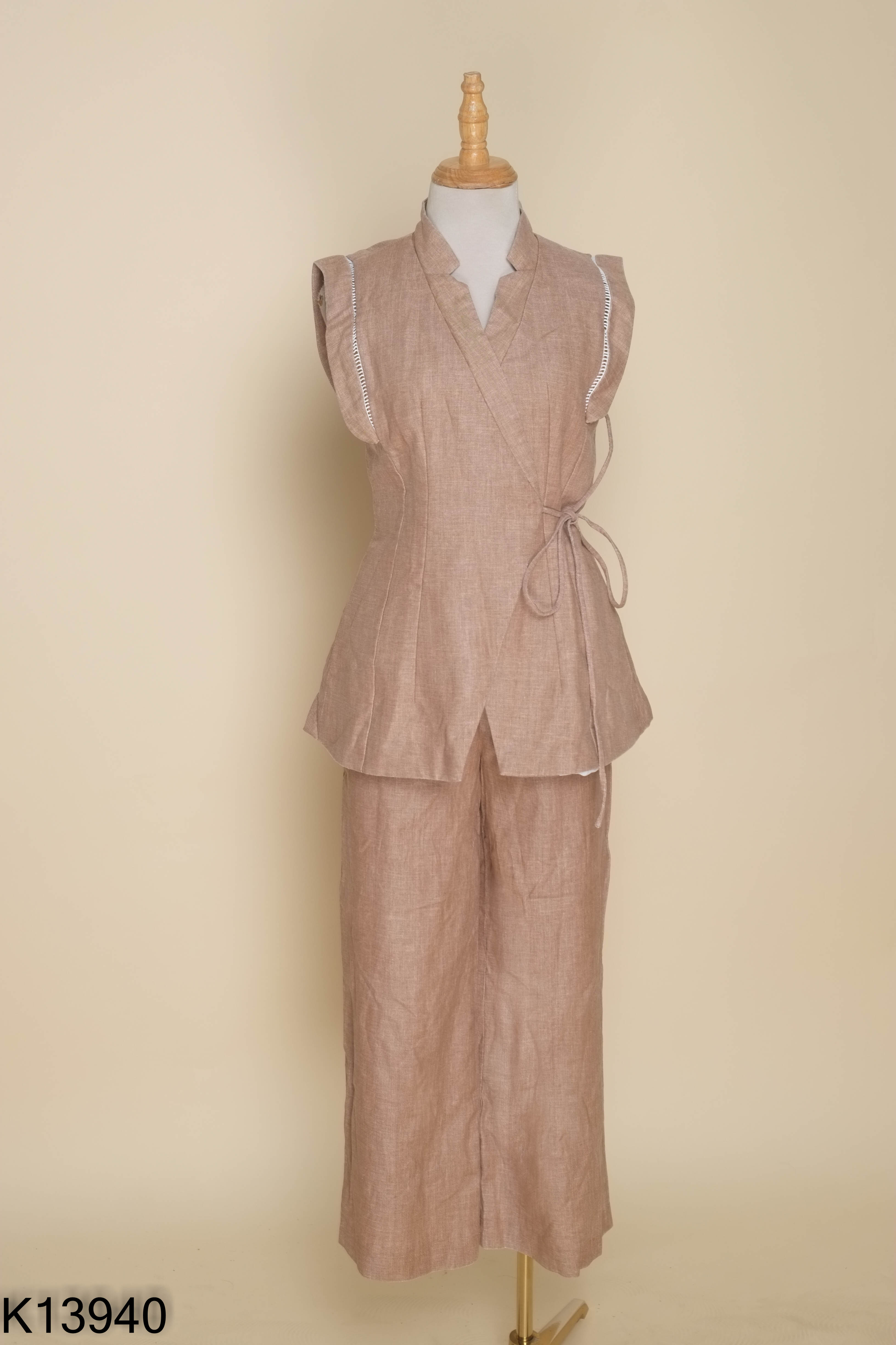 SET Áo gile buộc eo + quần dài linen nâu