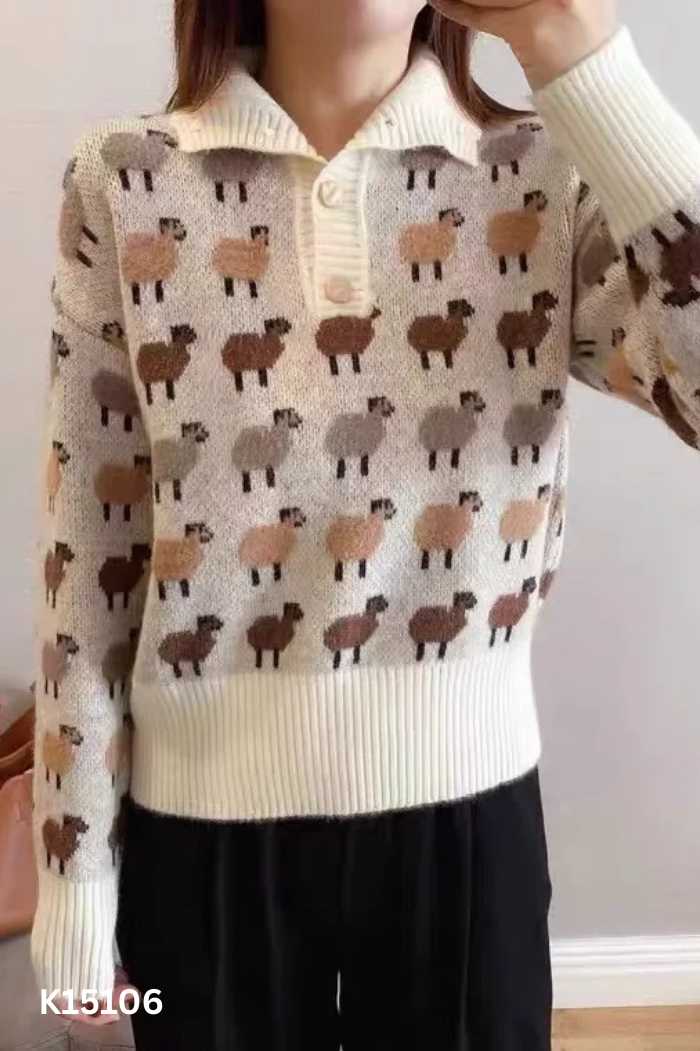 Áo len be cổ bẻ phối cúc