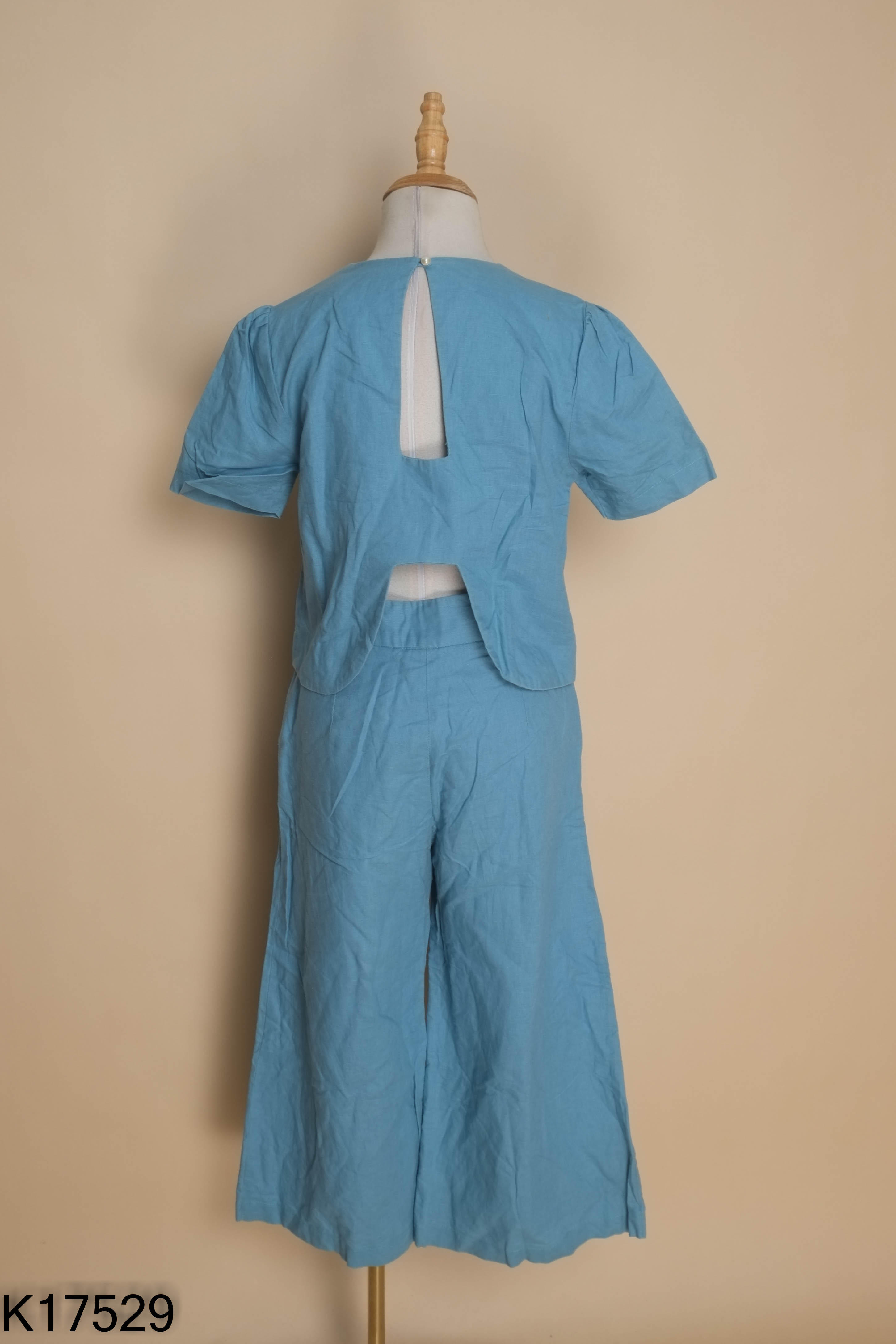 Set linen xanh áo kiểu+ quần ống rộng