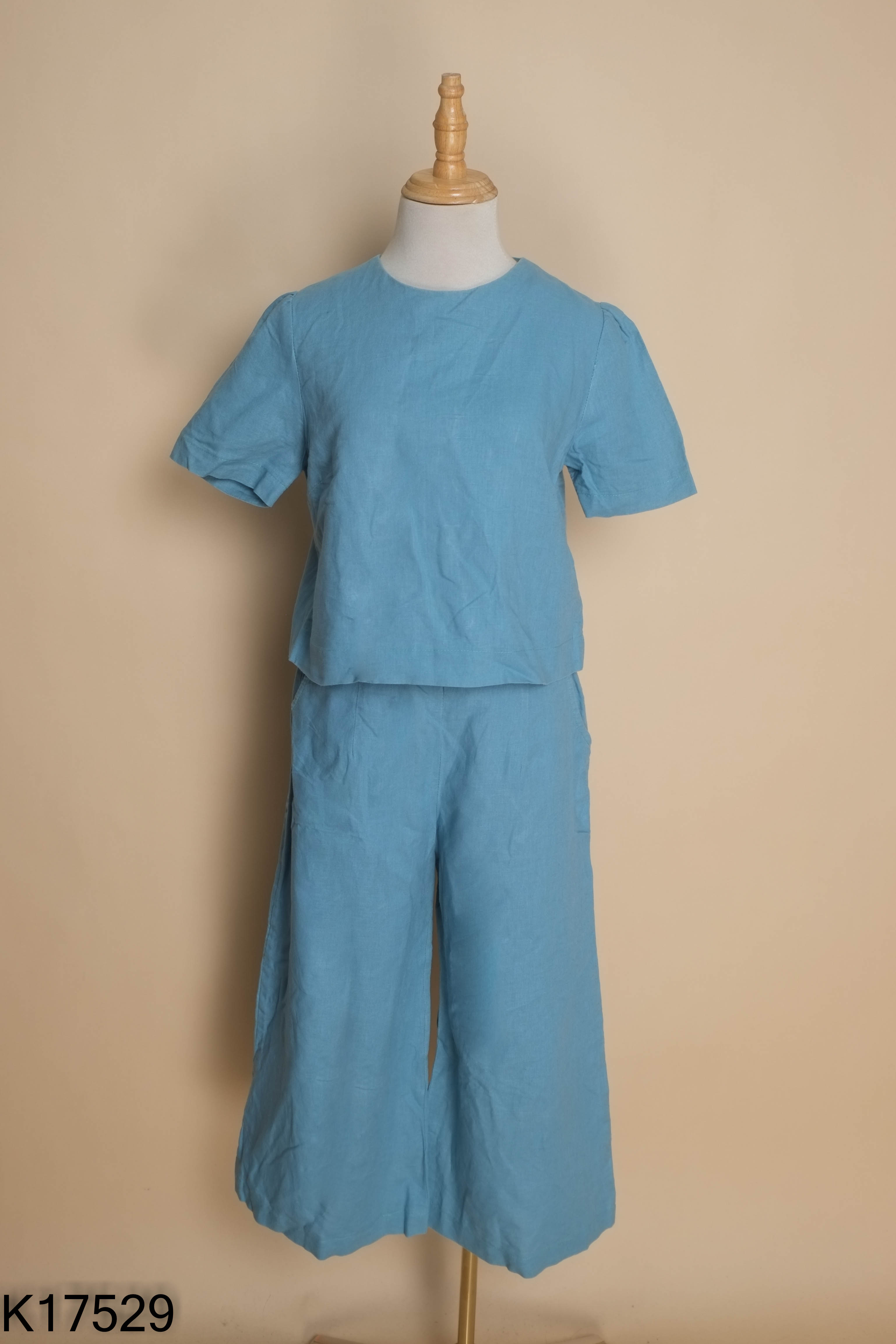 Set linen xanh áo kiểu+ quần ống rộng
