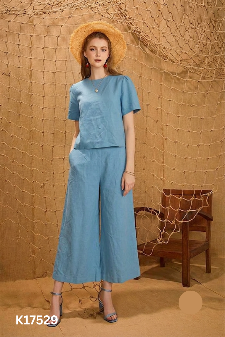 Set linen xanh áo kiểu+ quần ống rộng