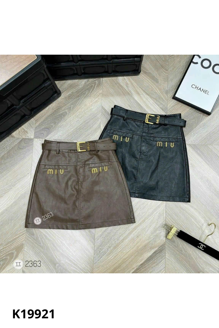 Chân váy da nâu MIUMIU chữ A