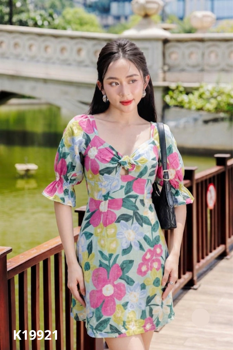 Váy xanh họa tiết thắt ngực MAY BI