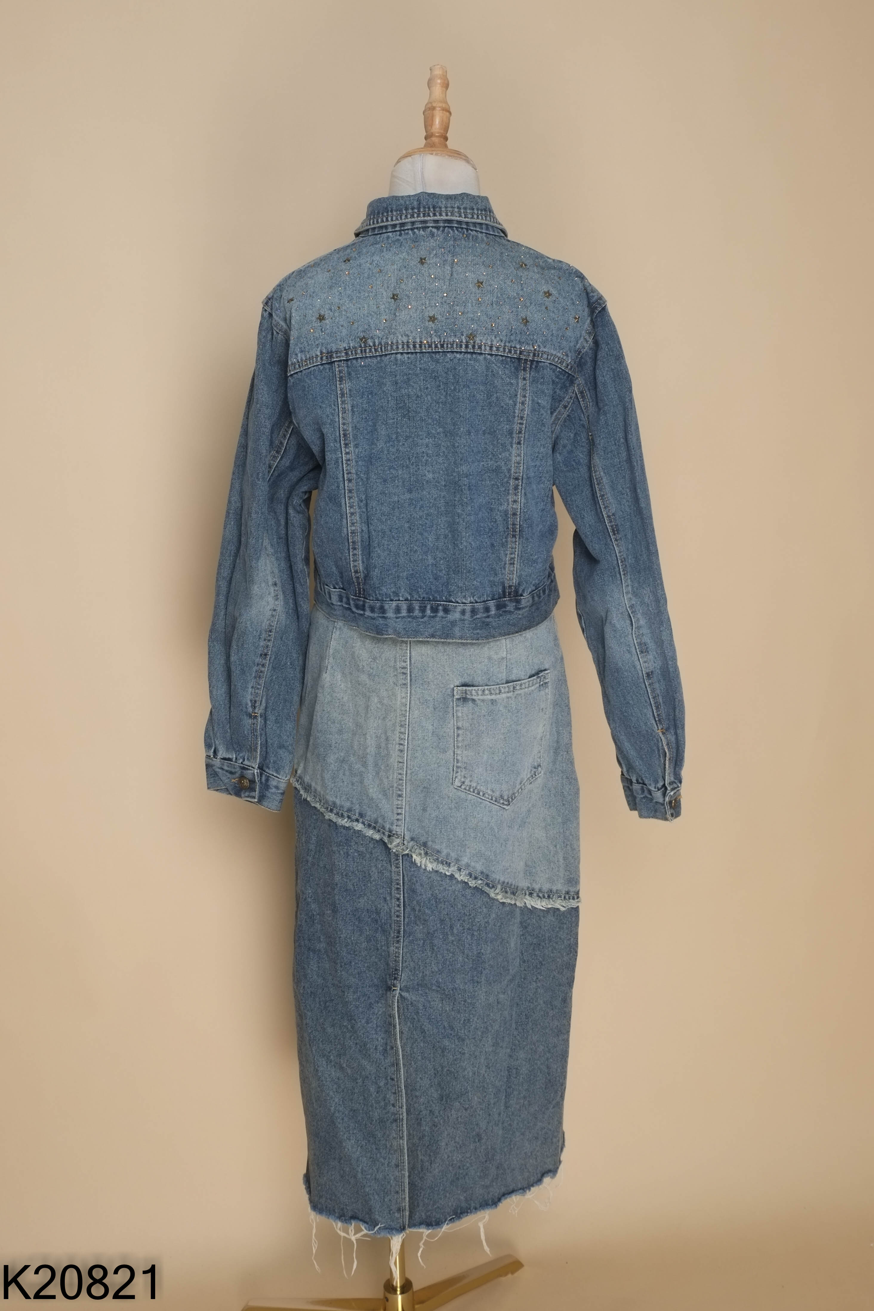 Set jeans xanh đính hạt+váy