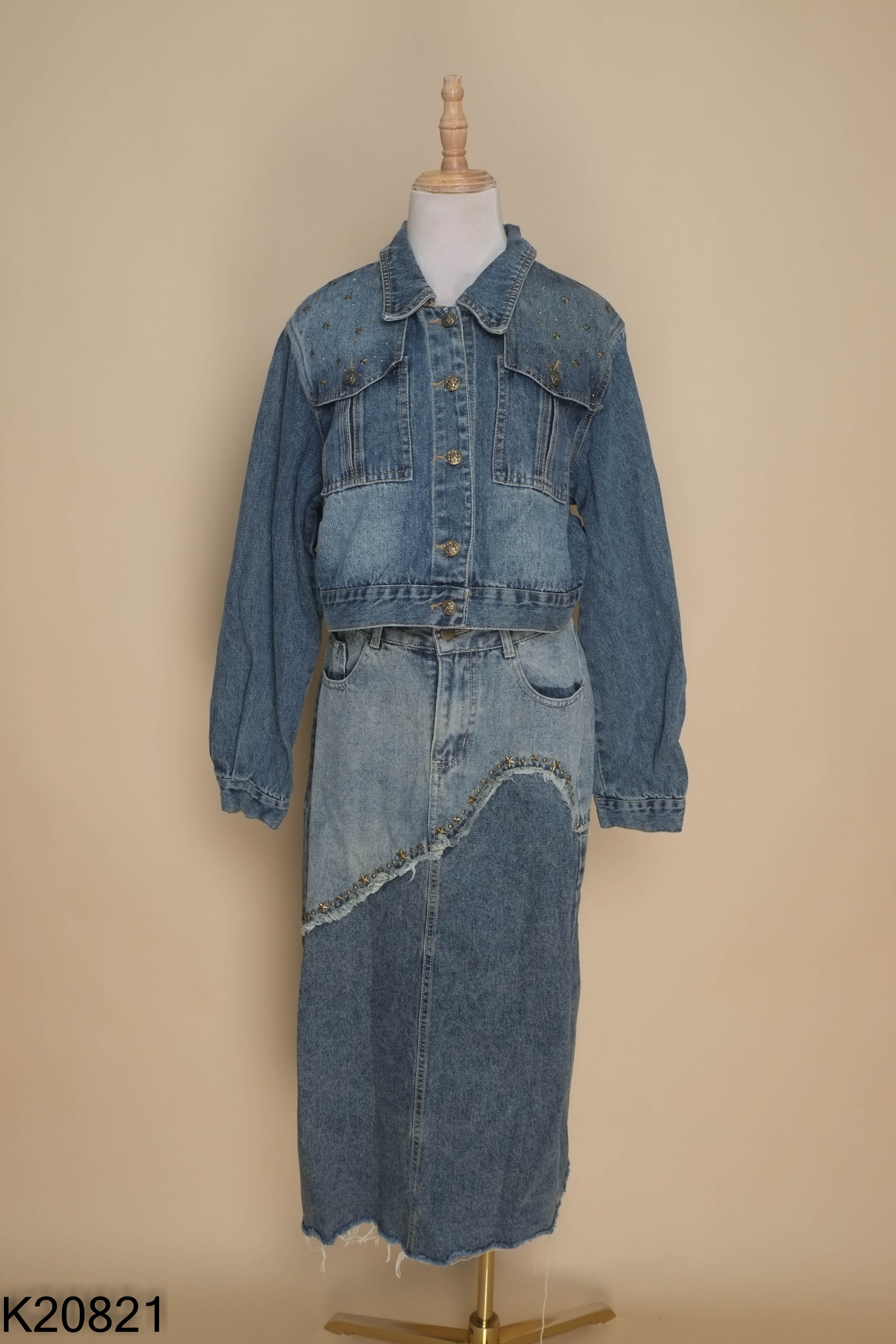 Set jeans xanh đính hạt+váy