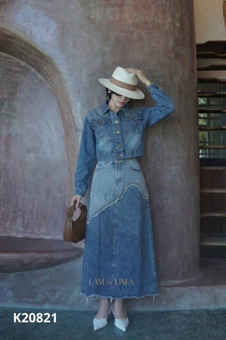 Set jeans xanh đính hạt+váy