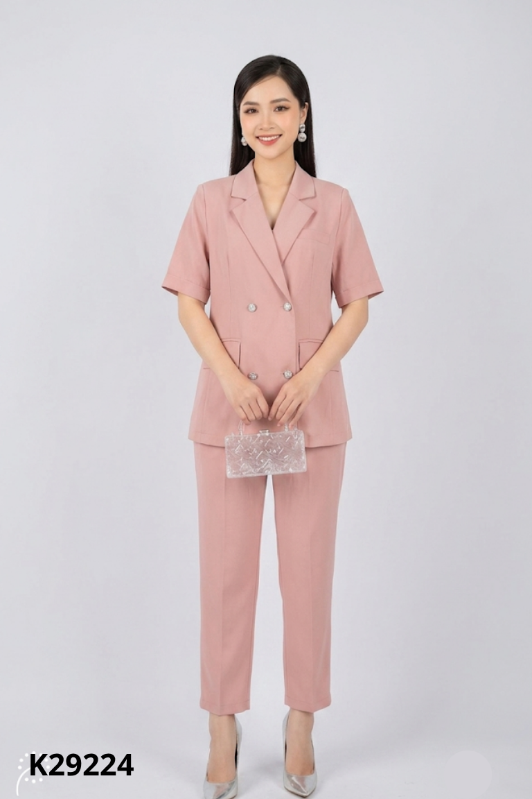 Set PANSY hồng áo cổ vest + quần dài