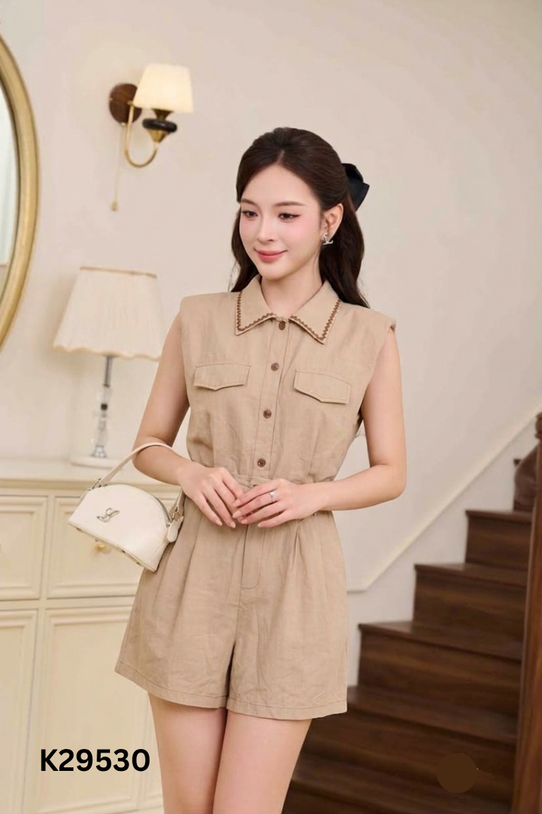 Jumpsuit đũi be cổ sơ mi