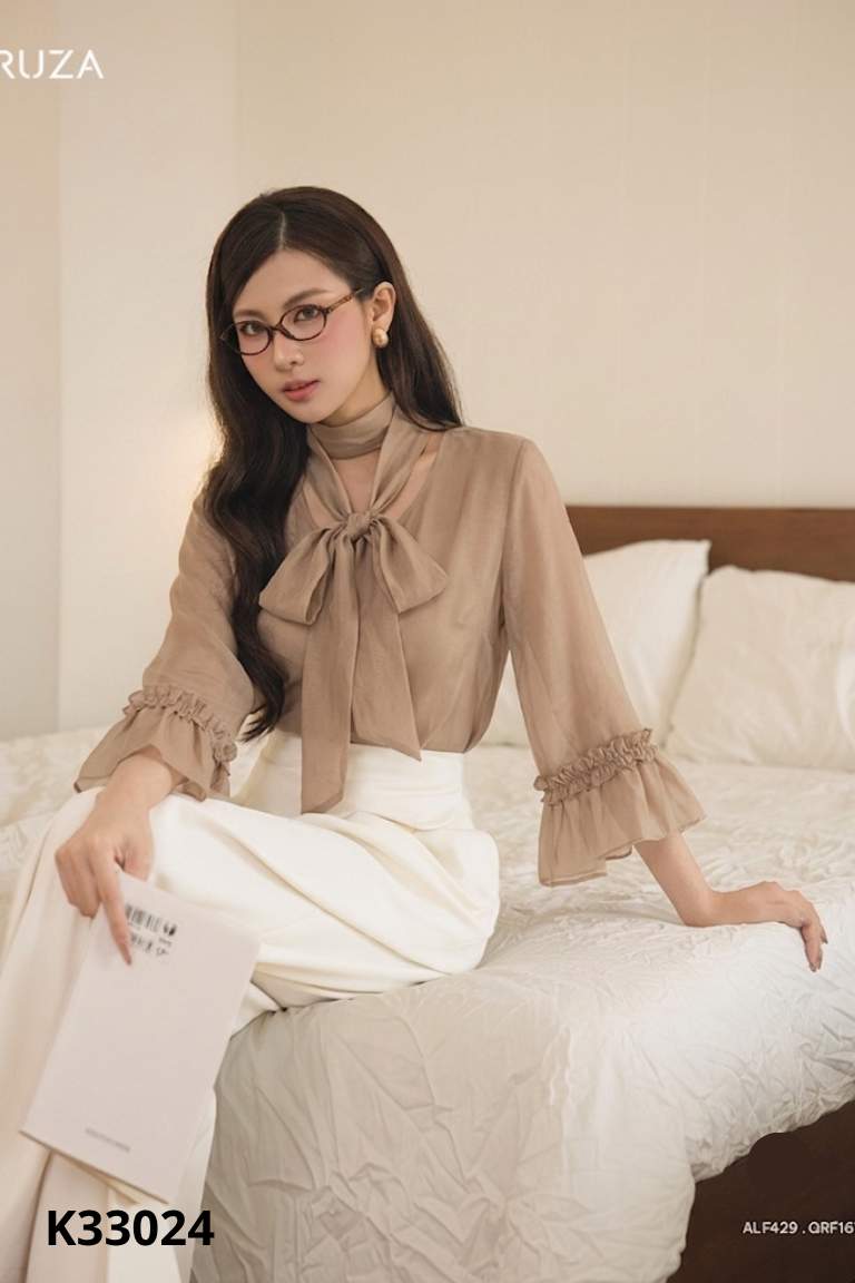 Áo voan HUONG BOUTIQUE nâu buộc nơ