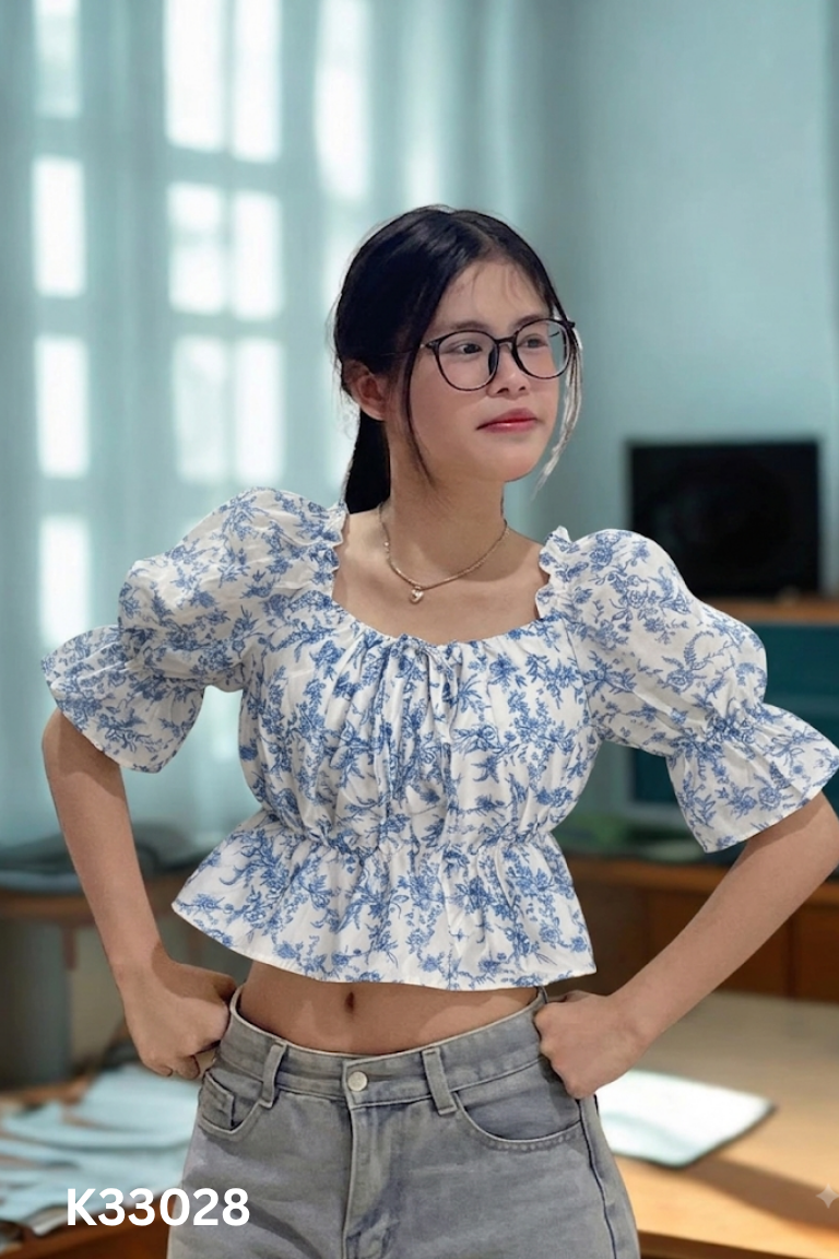 Áo tơ be hoa xanh tay phồng