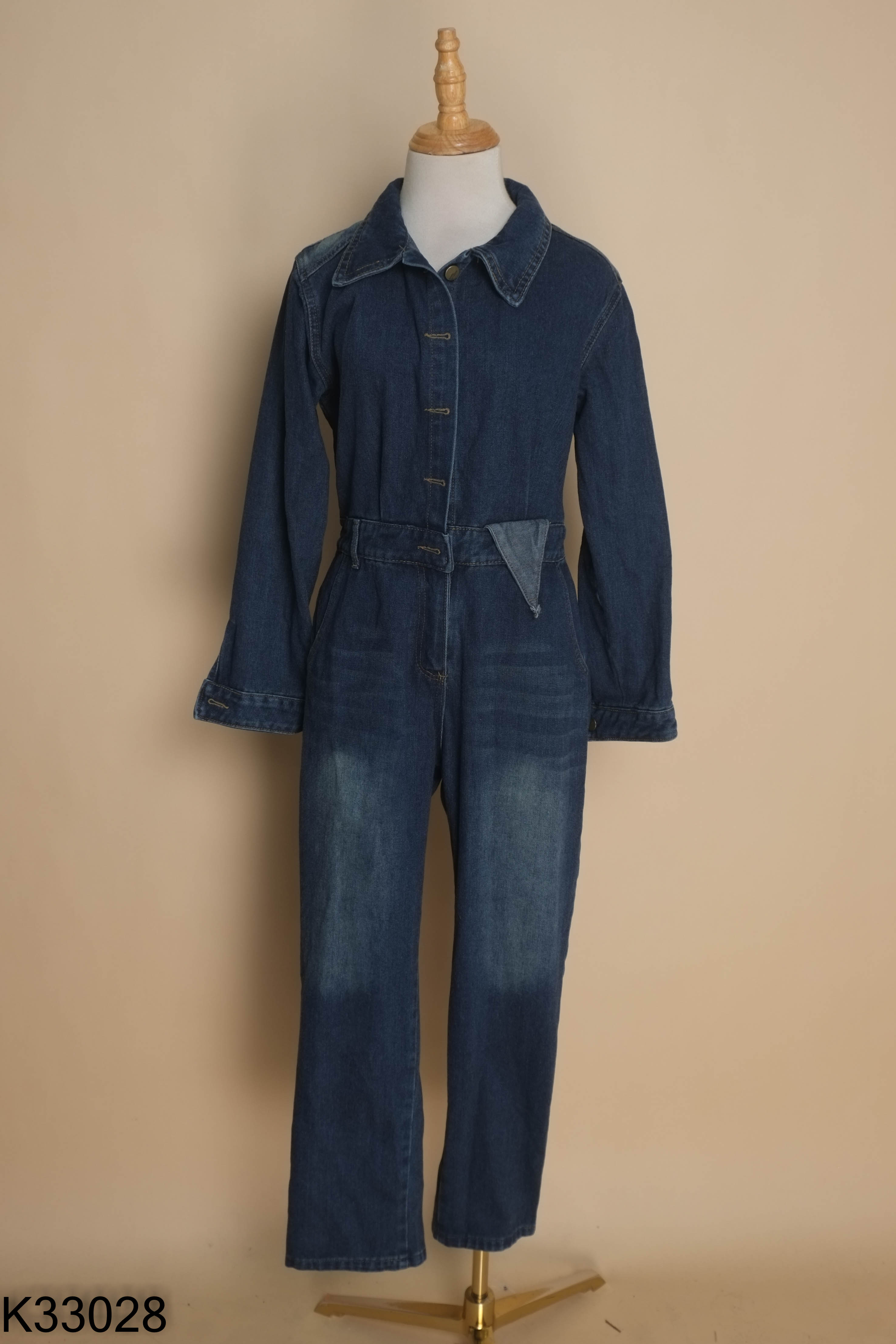 Jumpsuits jeans xanh cổ bẻ