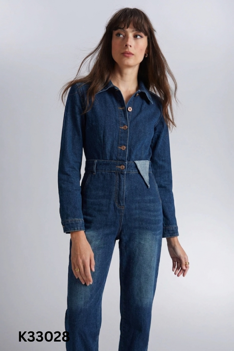 Jumpsuits jeans xanh cổ bẻ