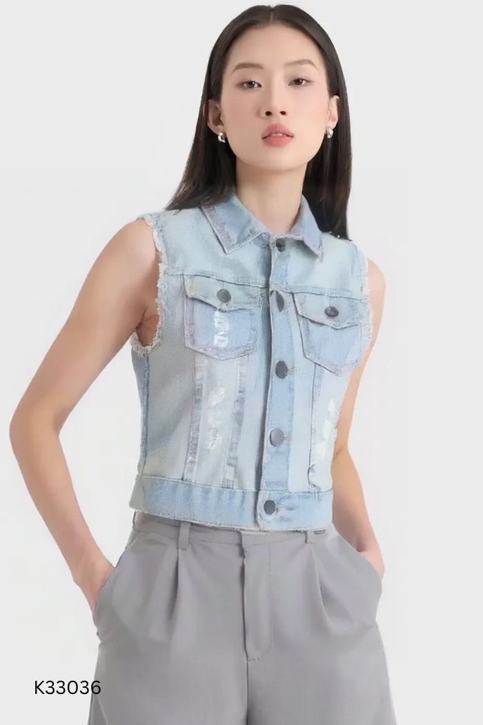Áo gile CANIFA jeans xanh rách