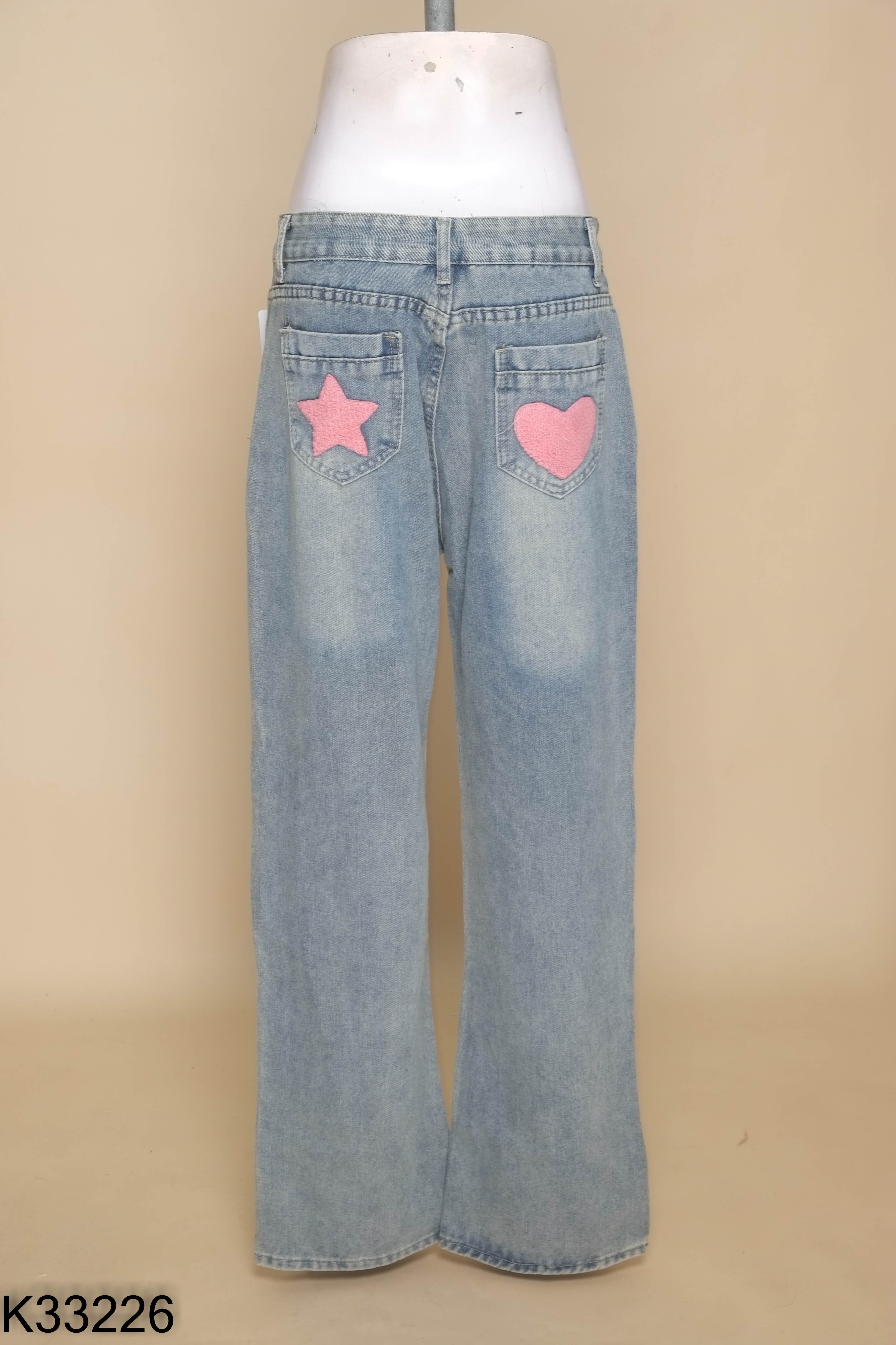 NEWTAG Quần jeans xanh họa tiết hồng