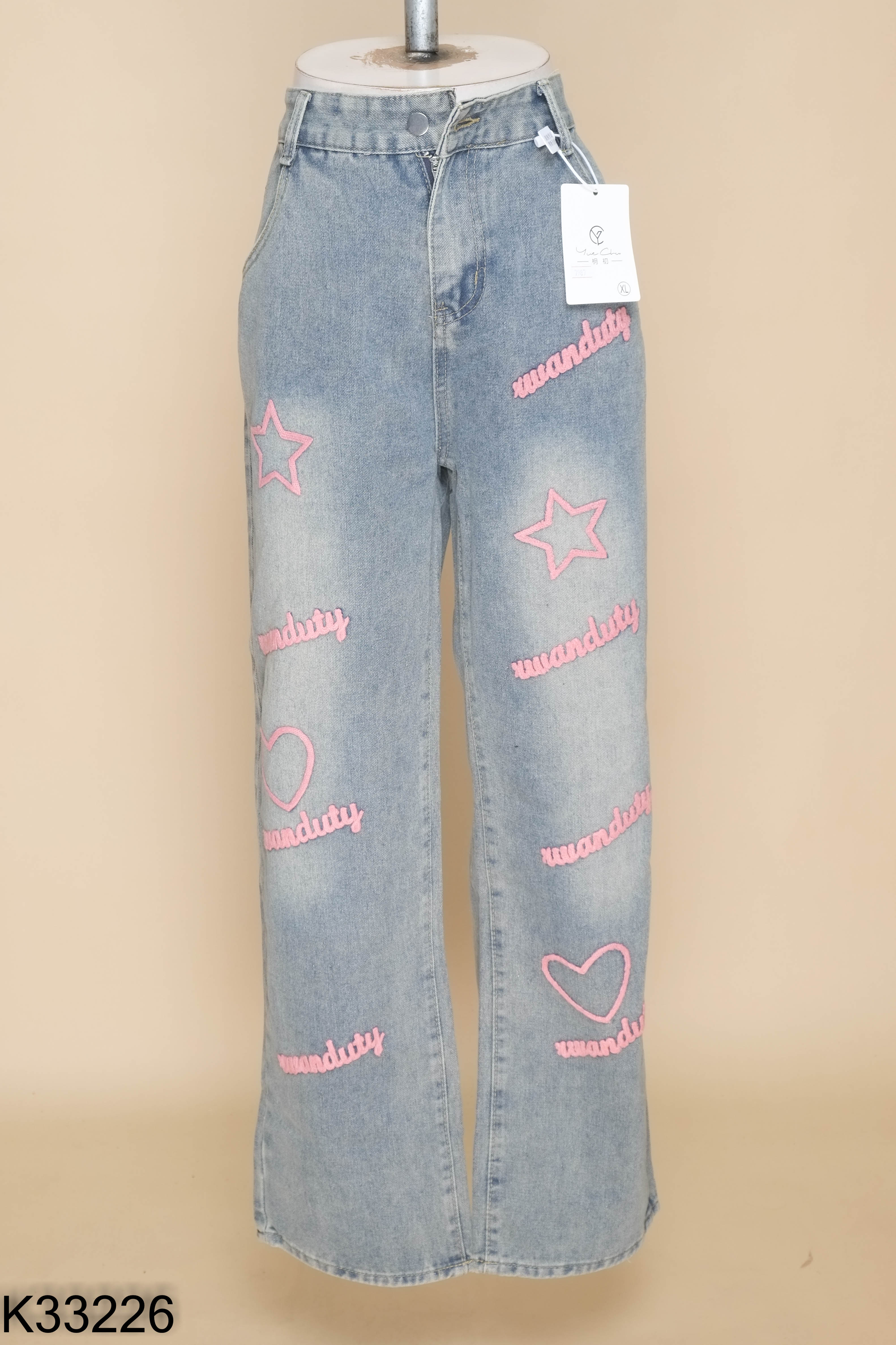 NEWTAG Quần jeans xanh họa tiết hồng