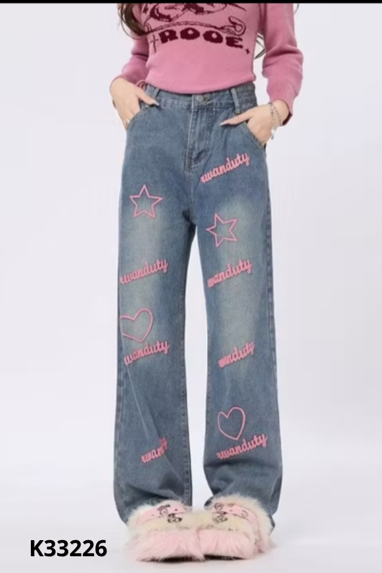 NEWTAG Quần jeans xanh họa tiết hồng