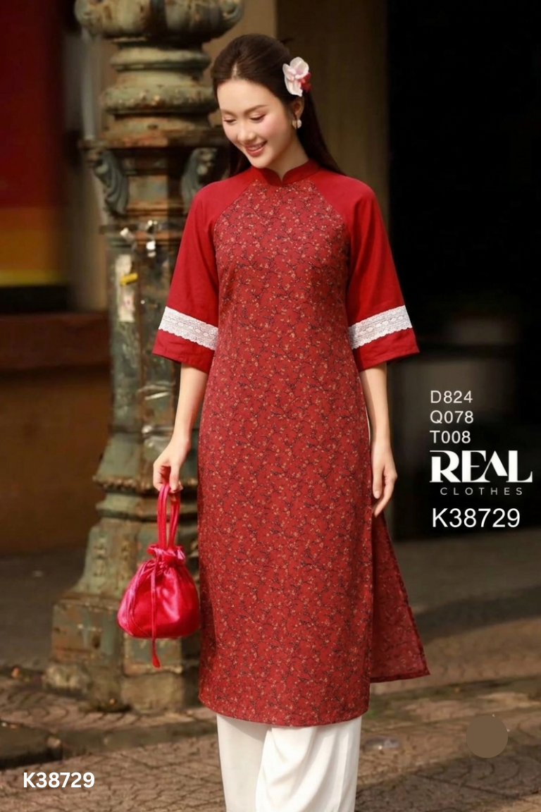 Áo dài SUM đỏ hoa nhí tay ren trắng
