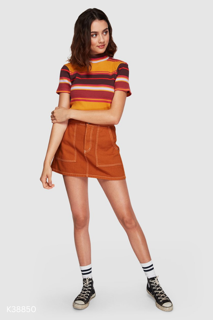 Chân váy jeans ZARA nâu viền chỉ