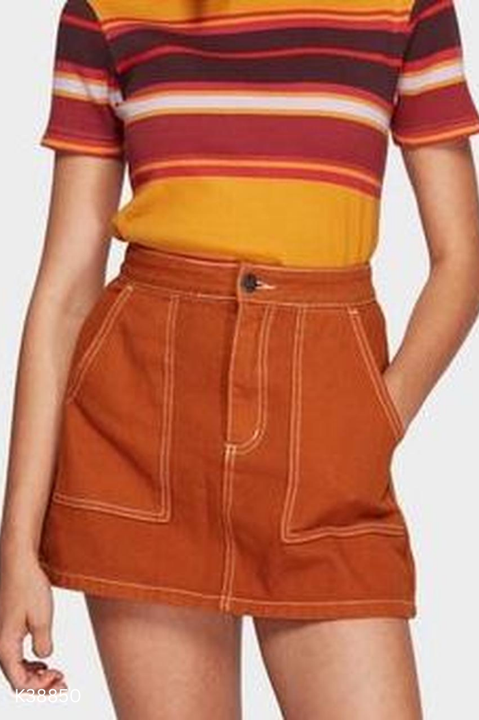 Chân váy jeans ZARA nâu viền chỉ