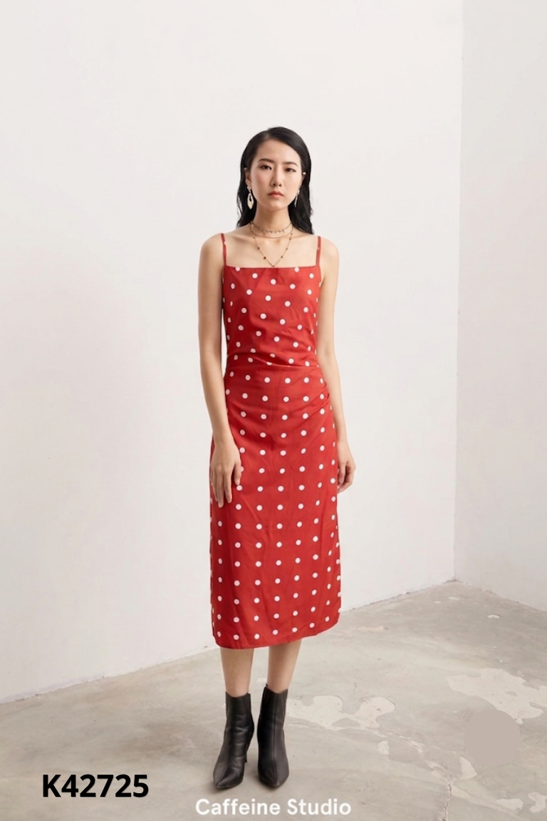 Váy hai dây đỏ chấm bi
