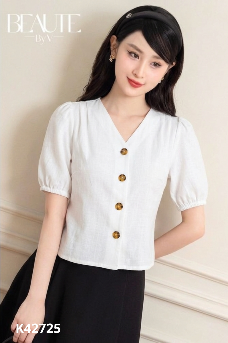 Áo linen trắng BEAUTE BY V phối cúc