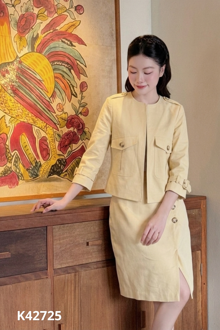 Set Áo be BEAUTE BY V phối cúc + chân váy