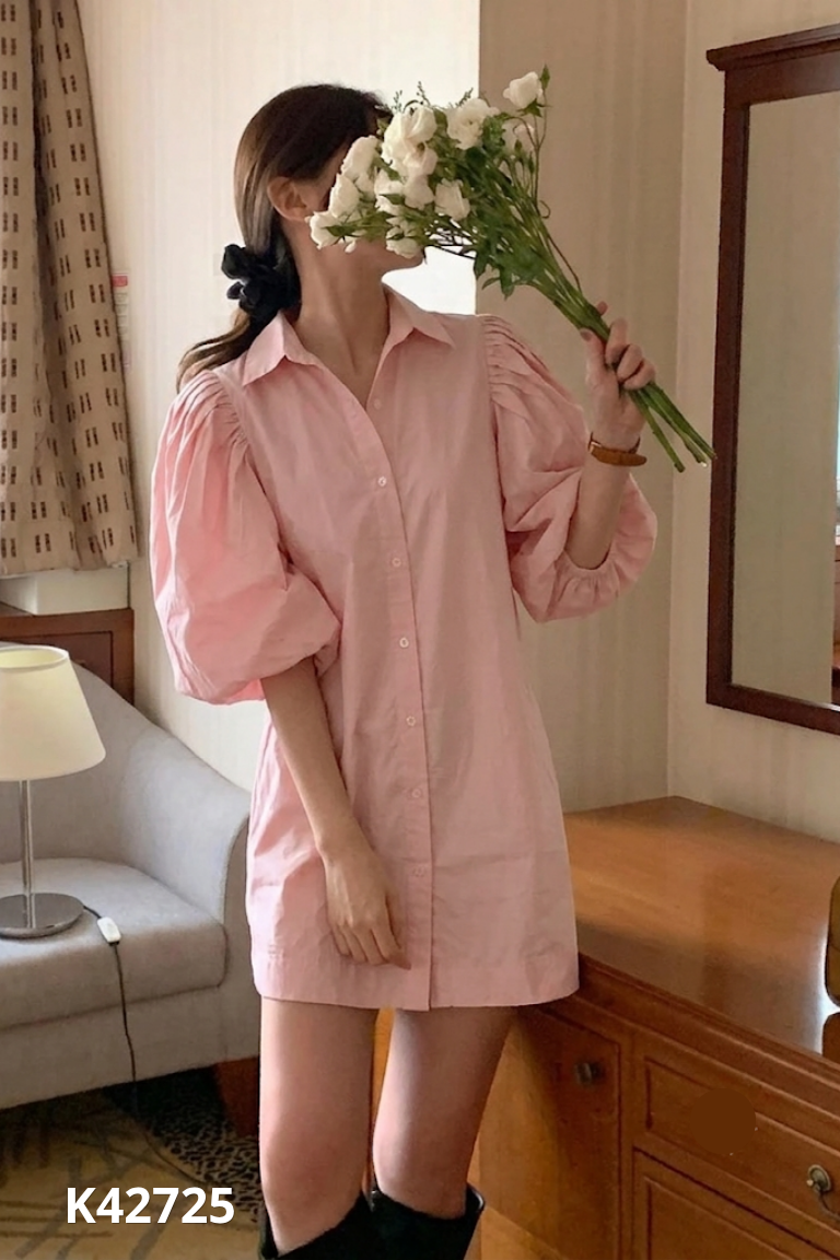 Váy sơ mi LEIDI hồng tay phồng