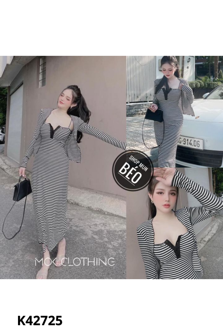 Set Váy hai dây PHAM KIEU TRANG đen kẻ trắng +áo