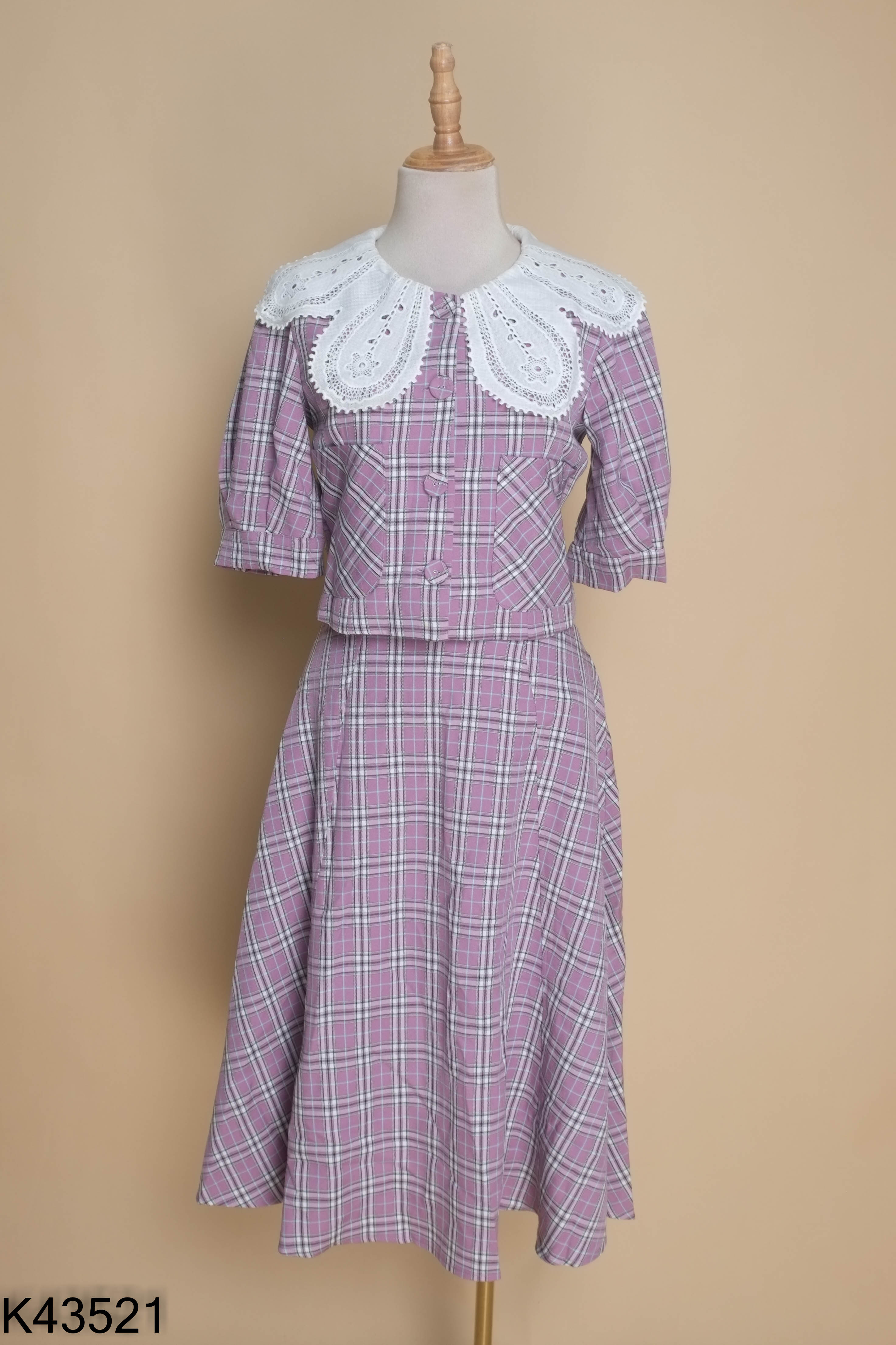 NEWTAG Set Áo tím kẻ caro HANUO BY HA TRIH cổ sen + chân váy