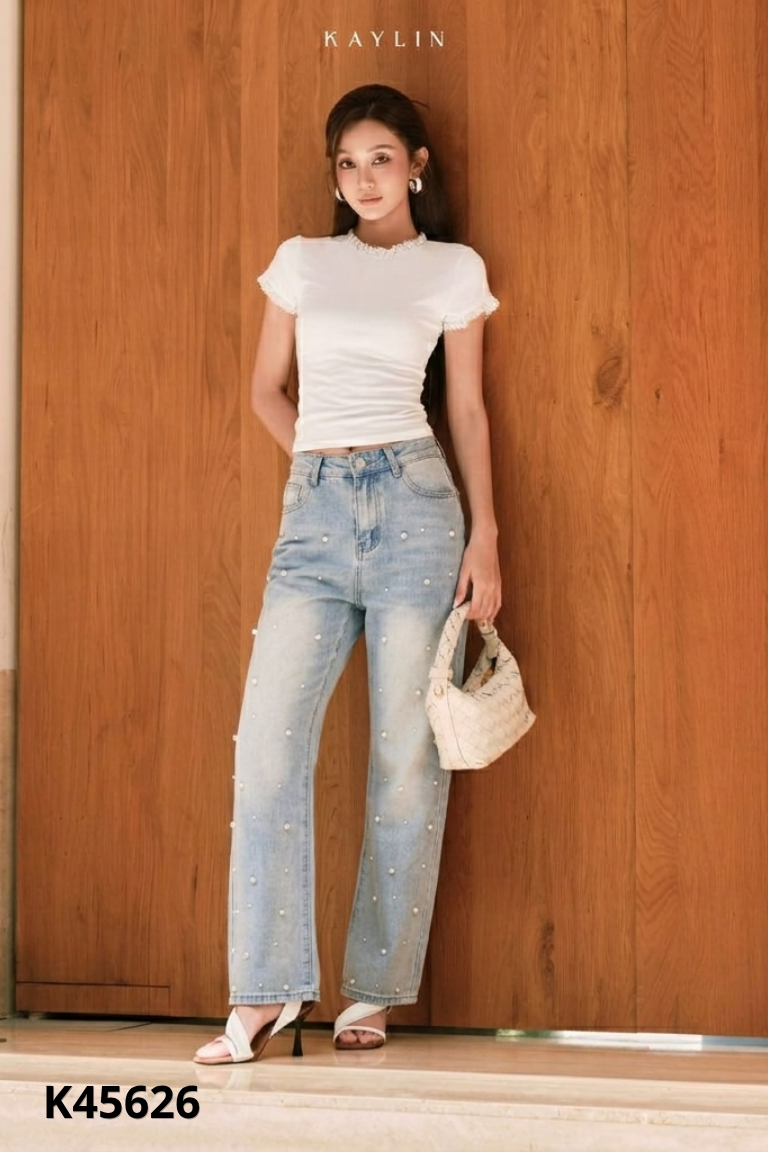 Quần jeans xanh suông đính ngọc