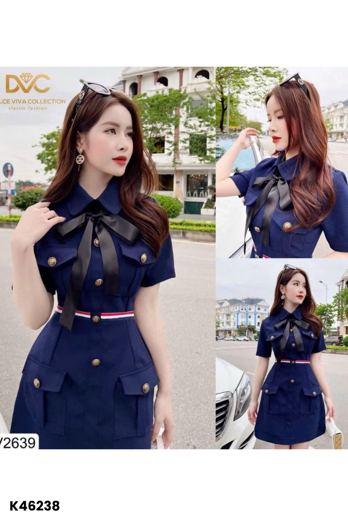Váy xanh than phối đen trắng