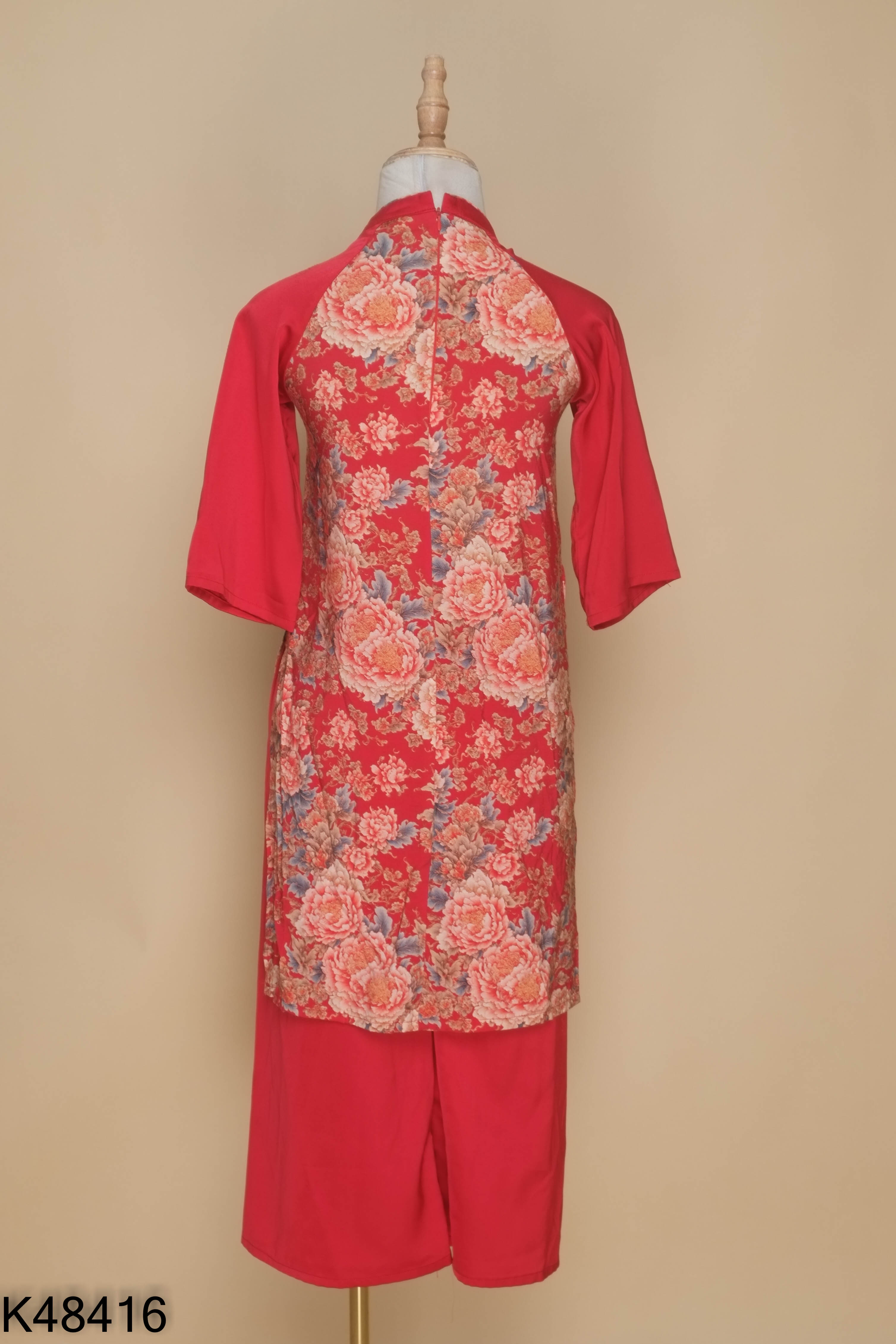 Set Áo dài đỏ hoa + quần kèm mấn KIDS