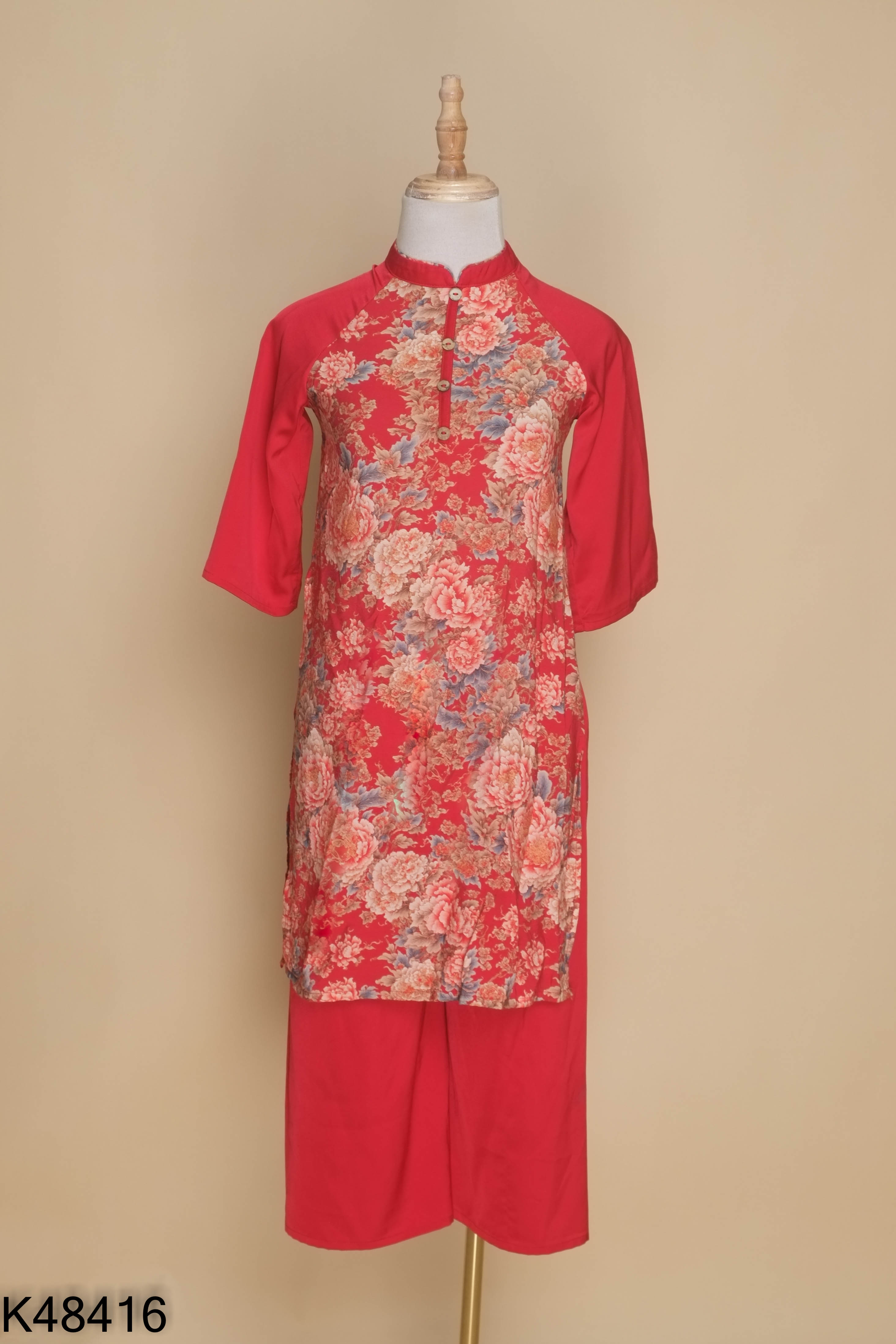 Set Áo dài đỏ hoa + quần kèm mấn KIDS