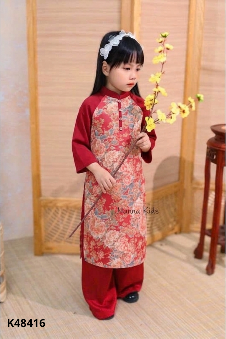 Set Áo dài đỏ hoa + quần kèm mấn KIDS