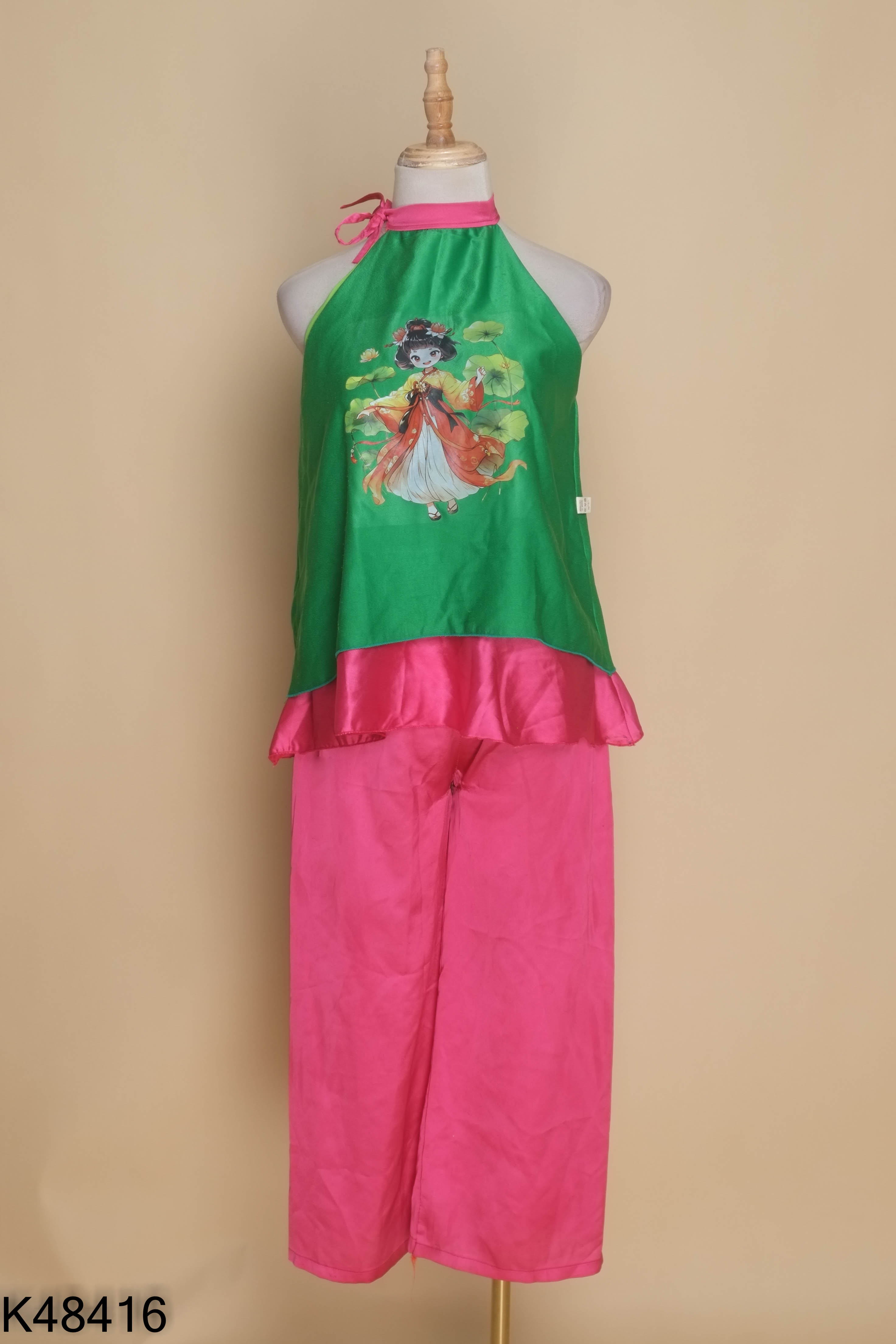Set Áo yếm xanh in hình + quần hồng KIDS