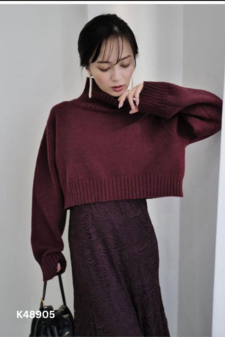Áo len đỏ dáng ngắn cổ lọ