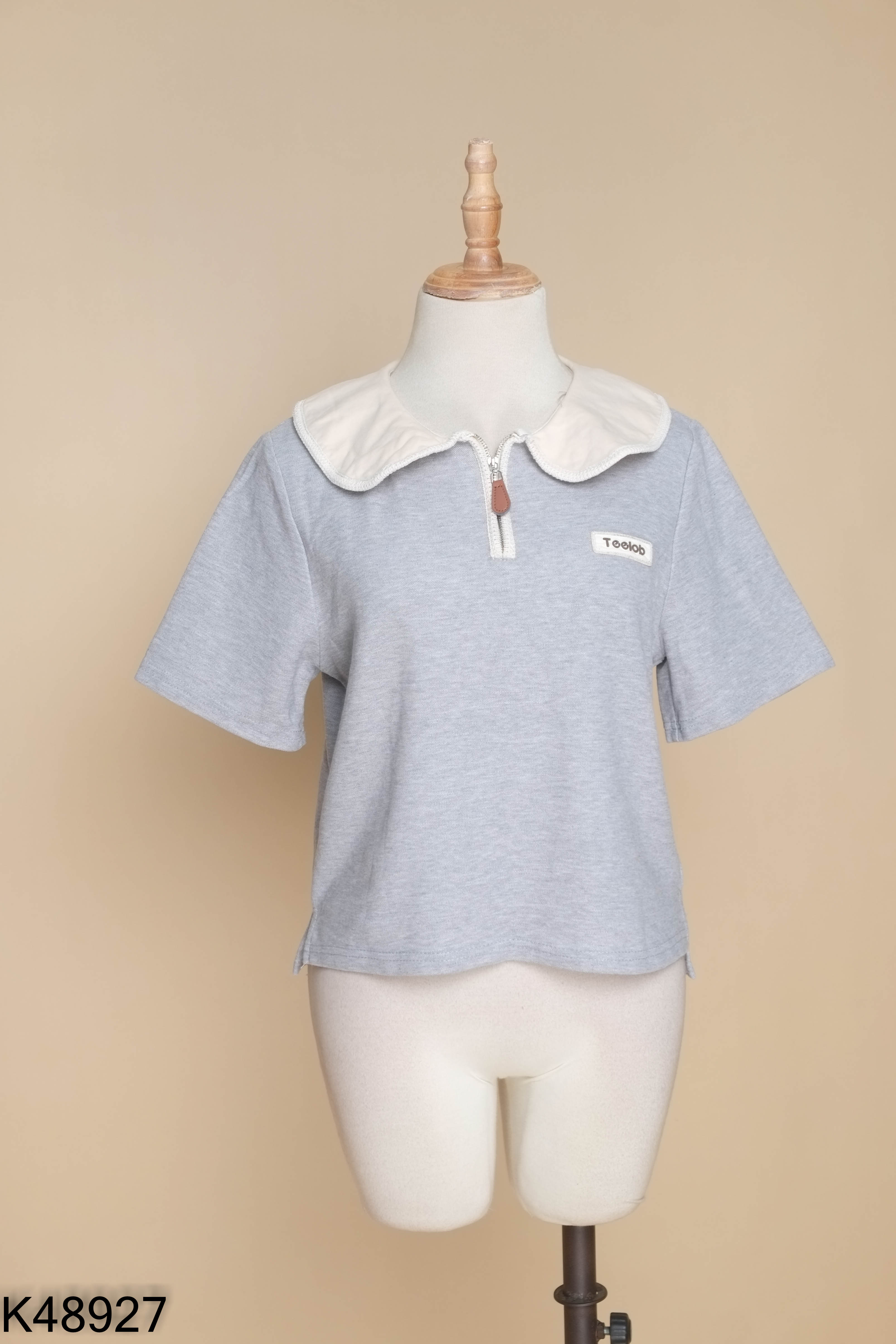 Áo polo xám cổ sen be