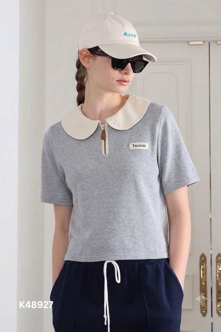 Áo polo xám cổ sen be