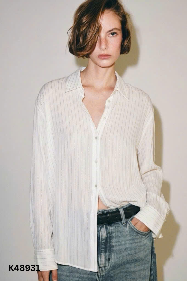 Áo sơ mi trắng ZARA sọc nhũ