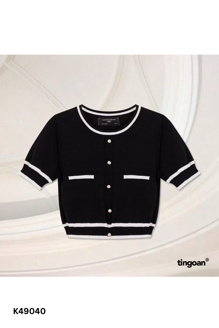 Áo len đen TINGOAN viền trắng form ngắn