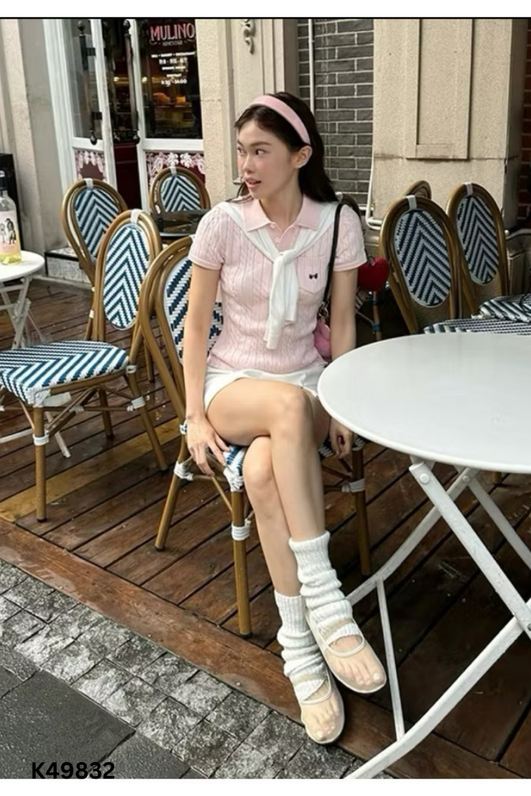 Áo len hồng TI NGOAN ngắn tay thêu nơ