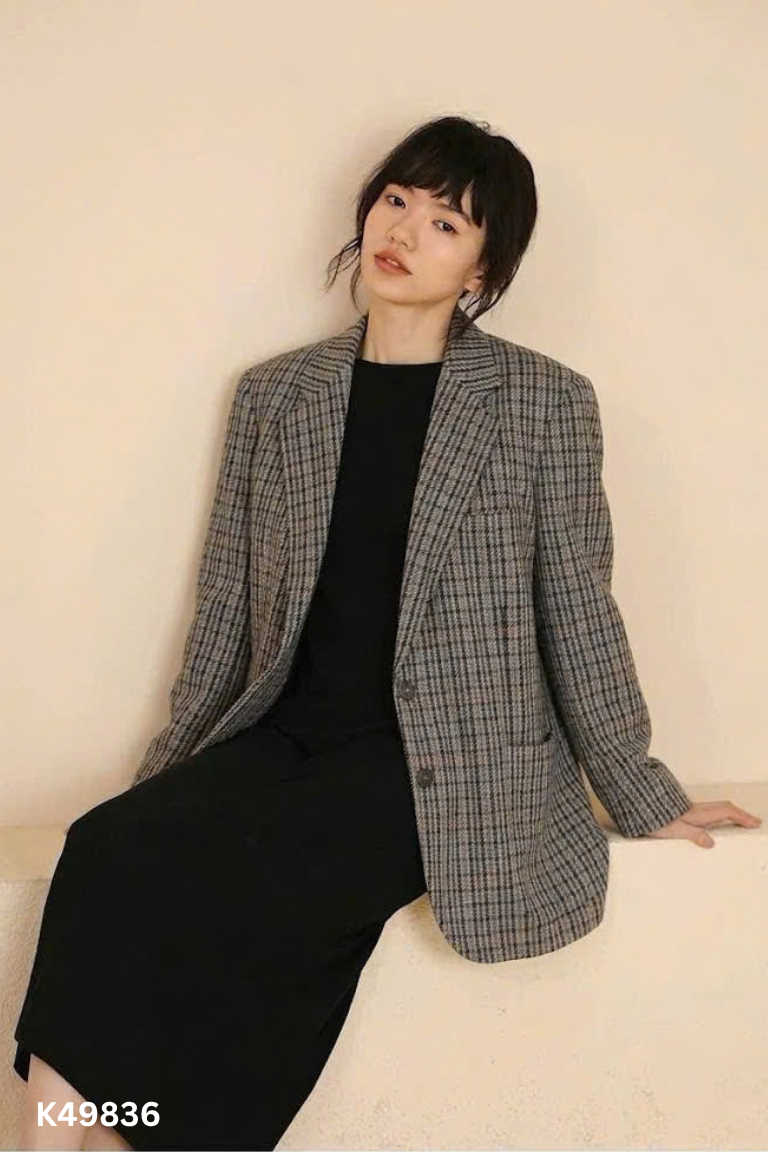 Áo blazer dạ xám kẻ
