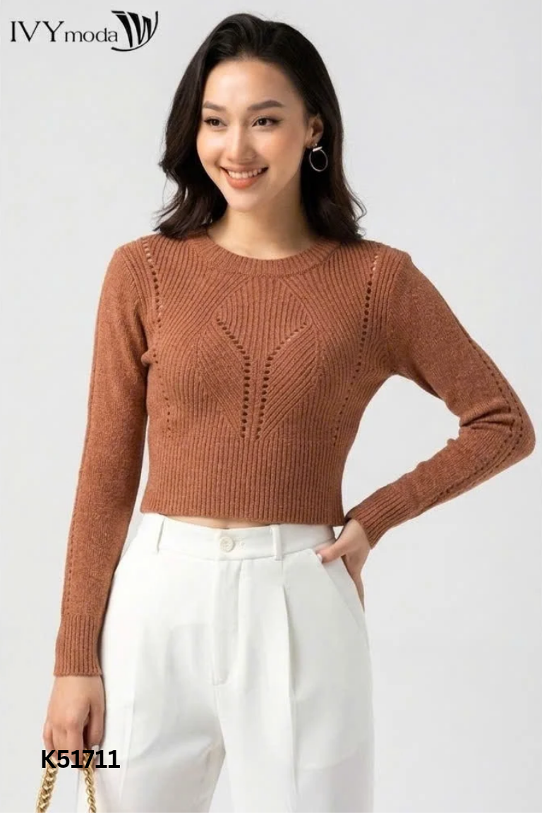 Áo len crotop nâu cổ tròn