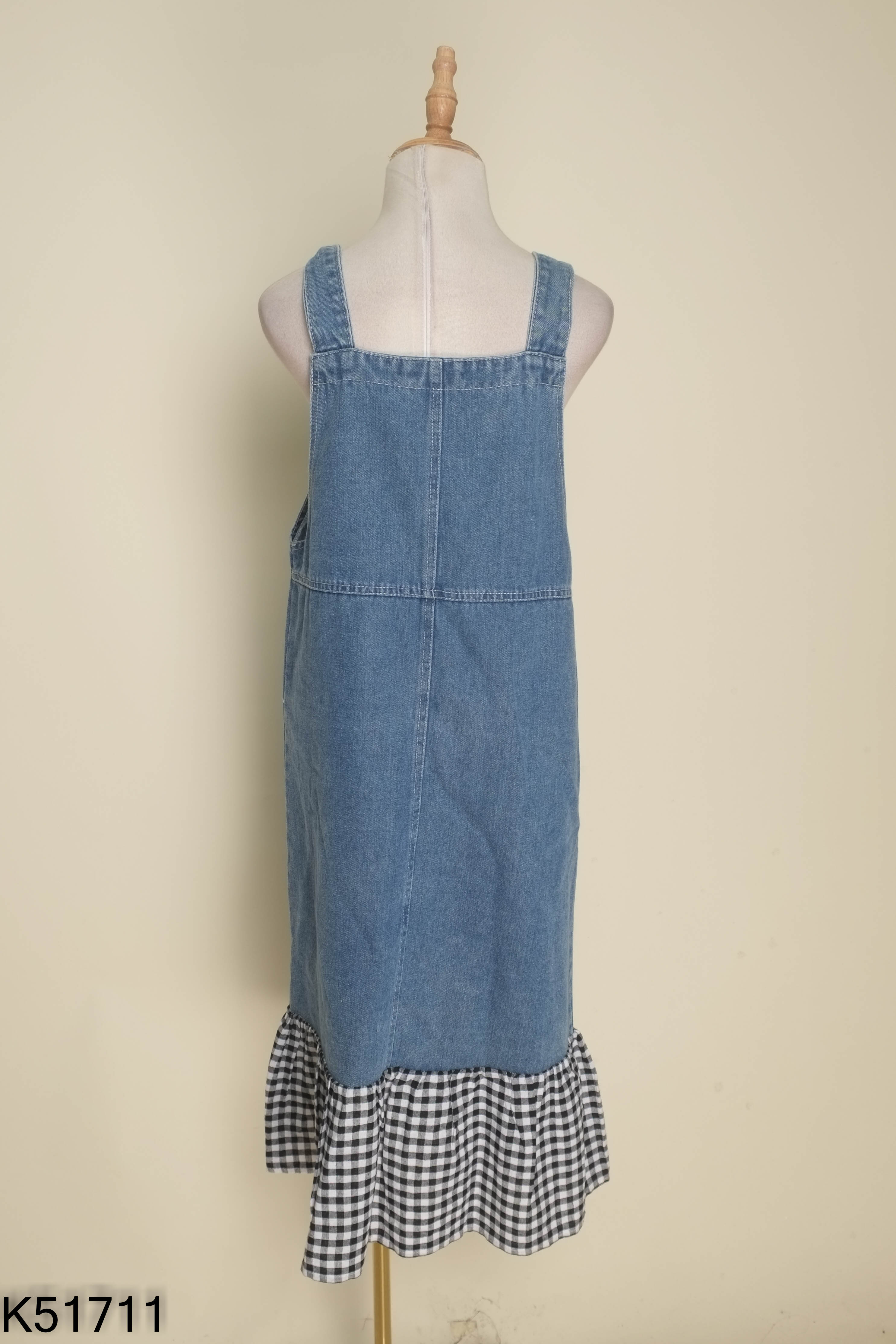 Yếm jeans xanh mix kẻ caro