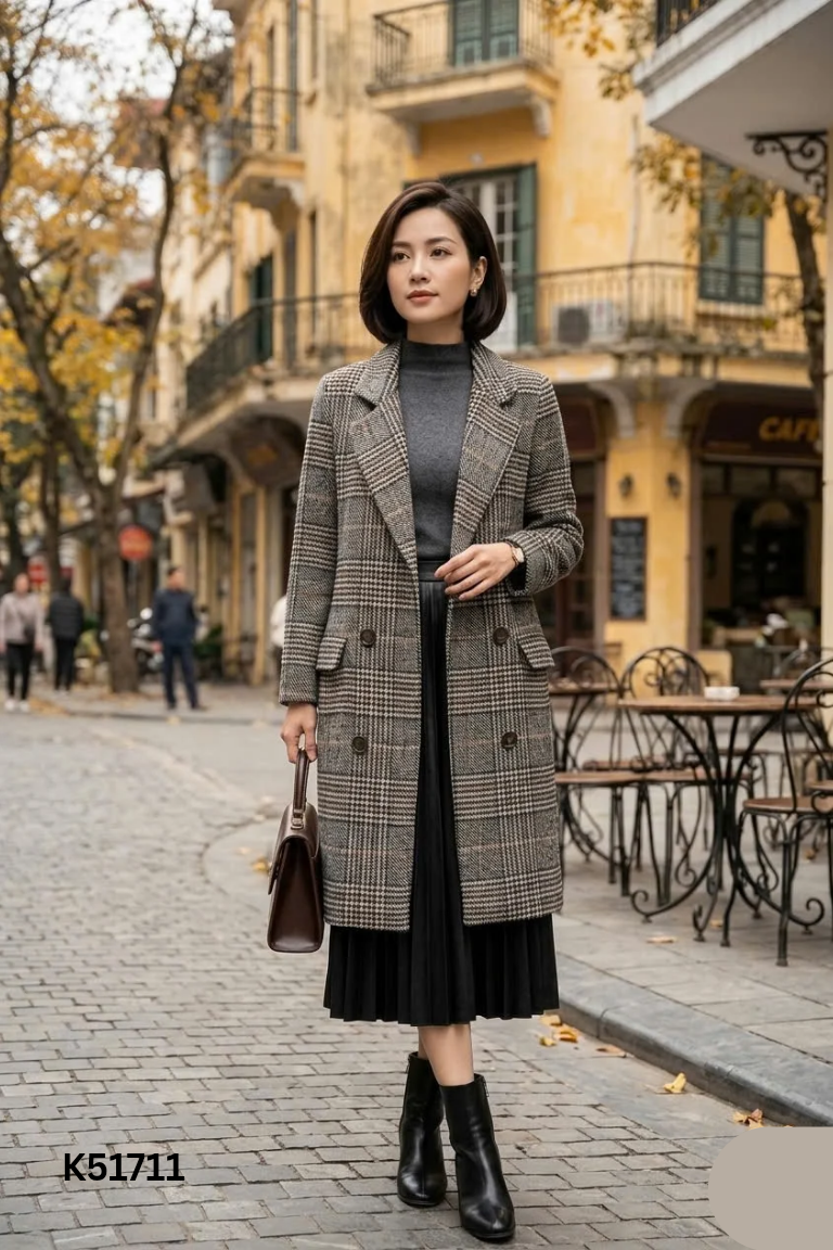 Áo khoác kẻ đen dáng dài