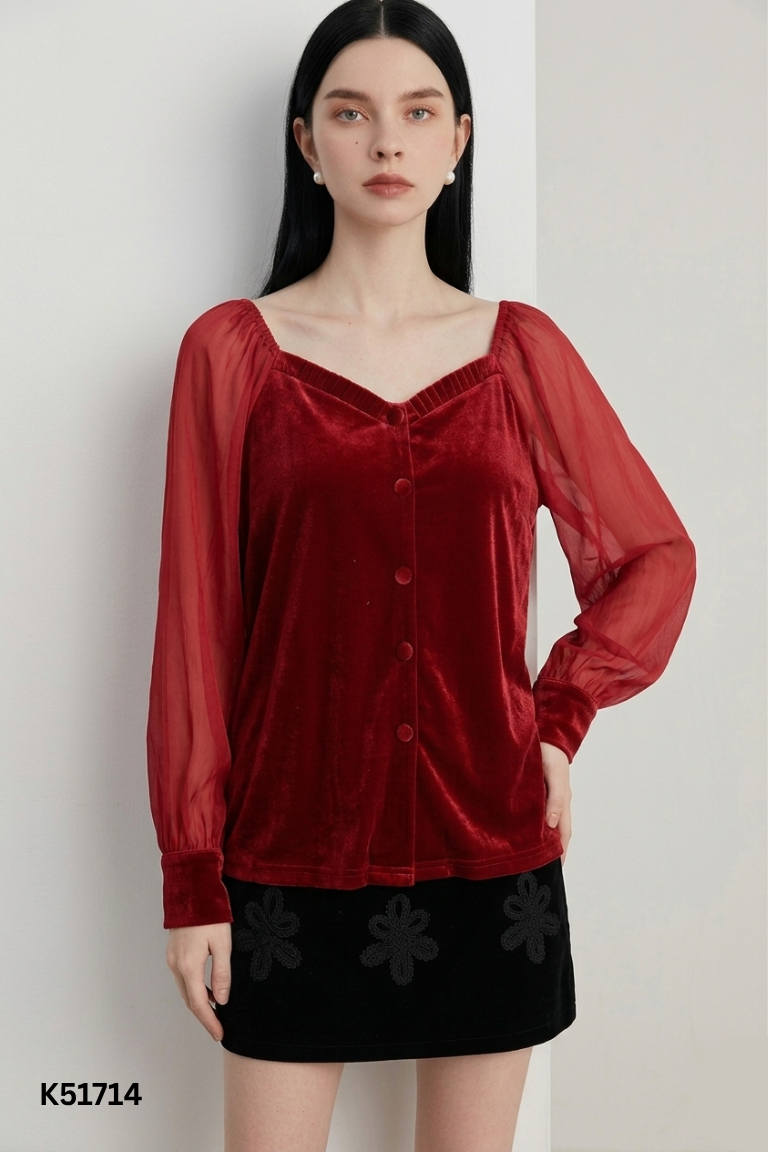 Set áo đỏ+cv đen đính hoa