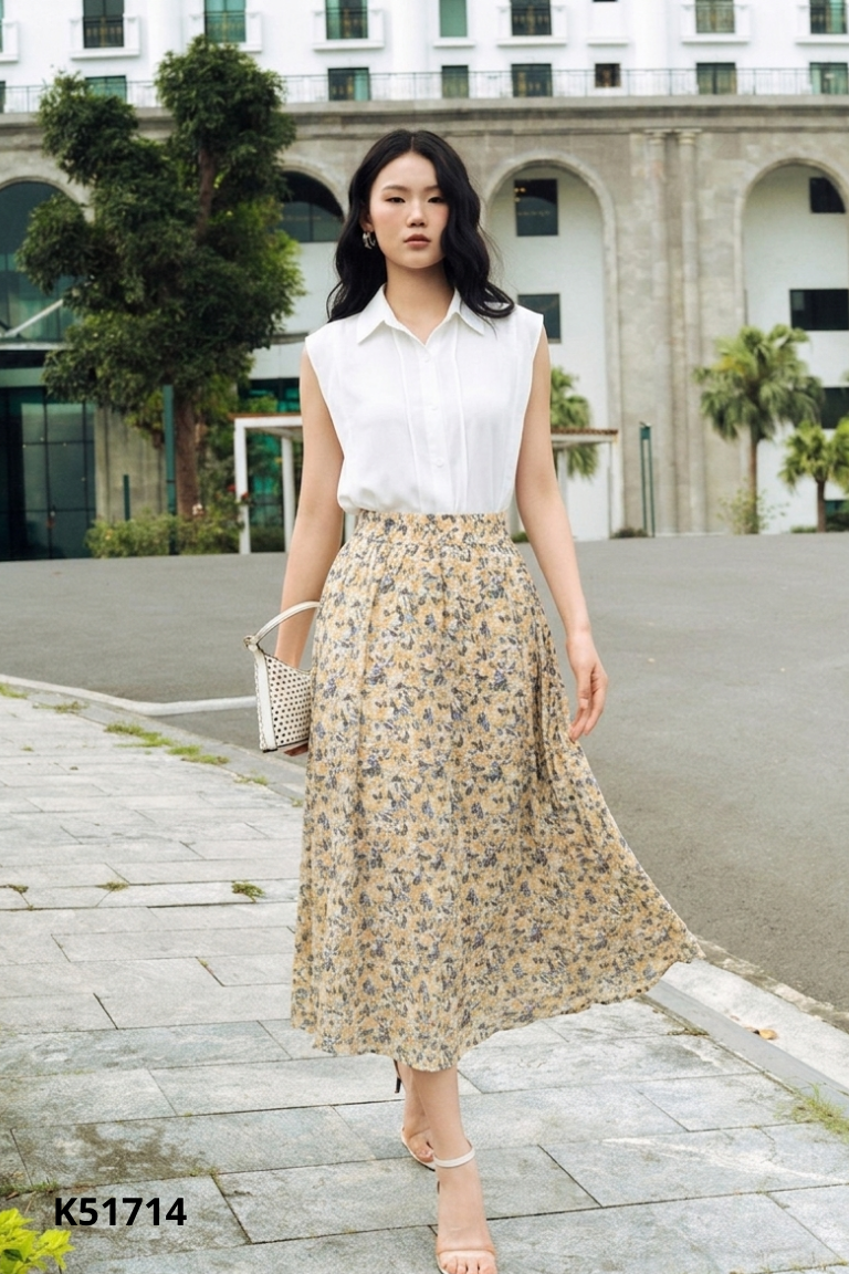 Set Áo sơ mi gile trắng + Chân váy hoa