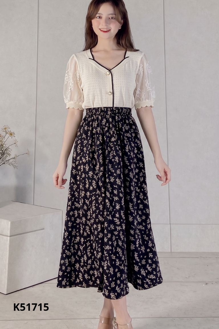 Set áo lưới be cúc ngọc+váy hoa nhí
