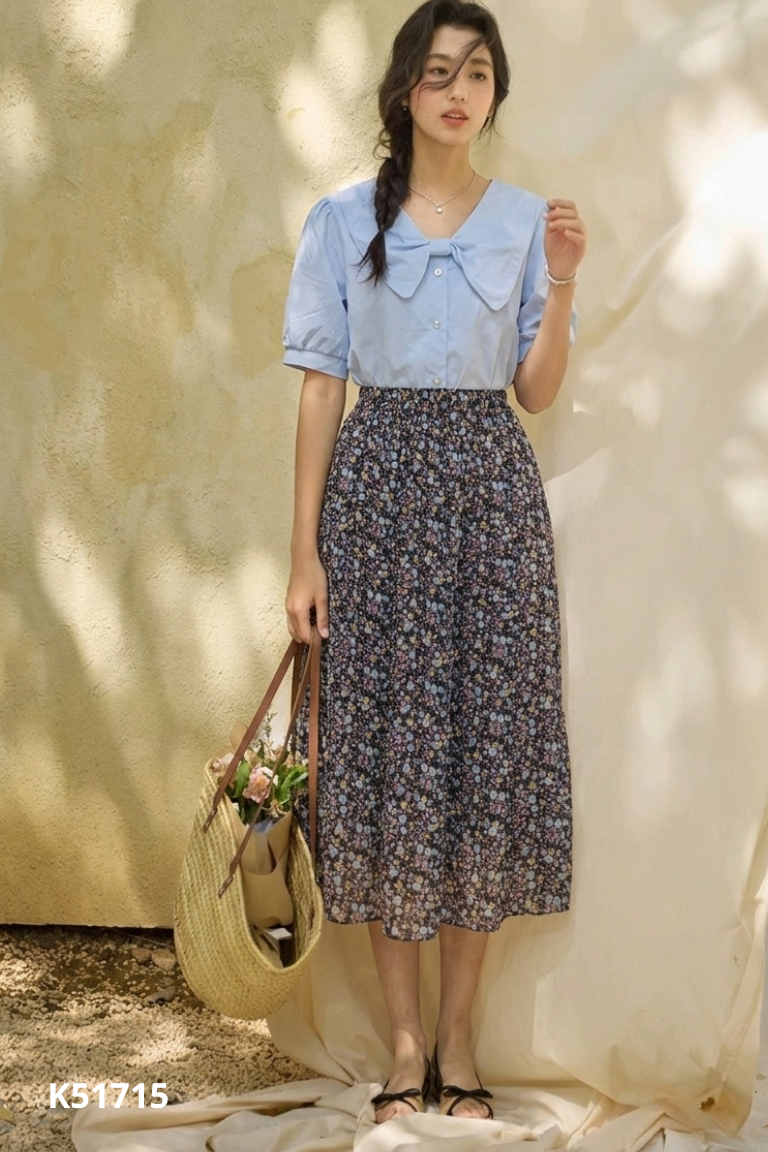 Set áo xanh+váy hoa nhí